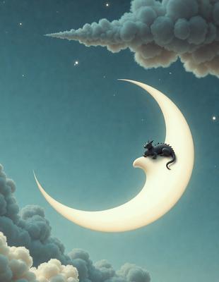 The primary subject of the image is a cat sitting on a crescent moon. The setting is a night sky with clouds, and the visual style is a digital art or illustration. The dominant colors are white and black, with the white moon and black cat creating a contrasting and visually striking scene. The overall atmosphere is serene and whimsical, as the cat appears to be enjoying its unique perch on the moon.